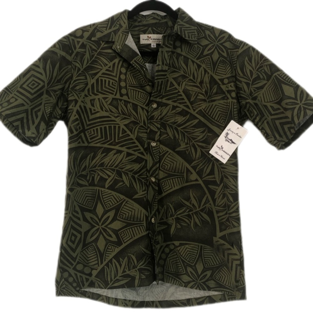 Two Paddles Dark Olive Green Made in Hawaii Hawaiian Shirt New With Tags Small